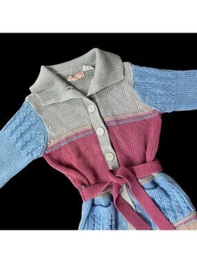 Vintage Knit Cardigan Sweater 1970s Belt Pockets Small Korea Pink Blue Gray Tan